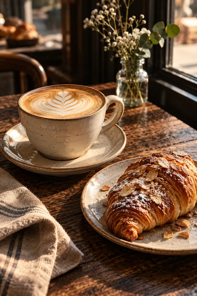 A latte with leaf art beside an almond croissant on a stoneware plate