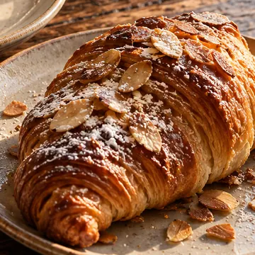 Toasted almond flakes and icing sugar on a croissant