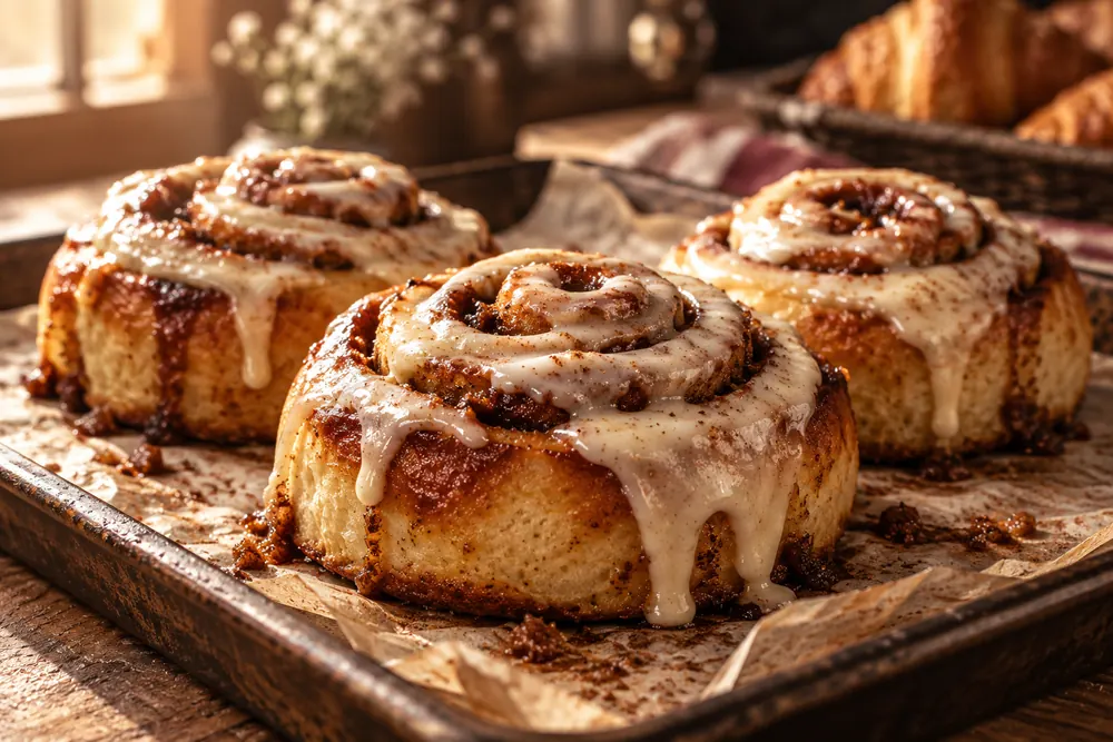 Cinnamon rolls with a vanilla glaze on a baking tray