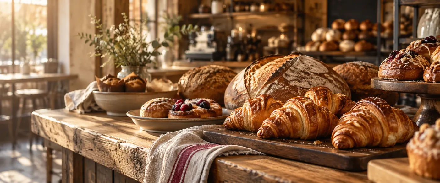 A wooden bakery counter in morning light, laid with sourdough loaves, croissants and berry pastries
