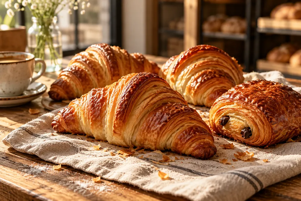 Golden croissants and a pain au chocolat on a linen cloth