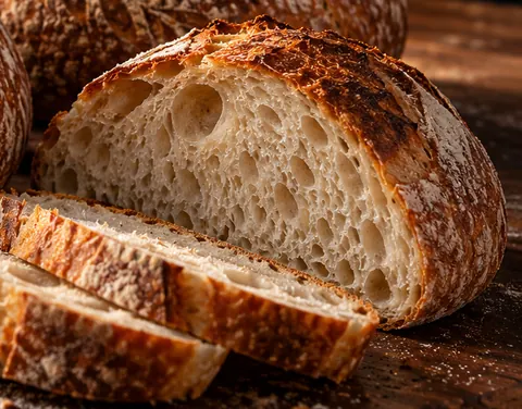 The open, airy crumb of a sliced sourdough loaf