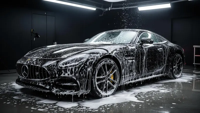 A black coupé covered in snow foam in a dark wash bay