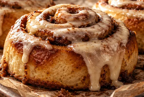 Vanilla glaze running down the swirl of a cinnamon roll