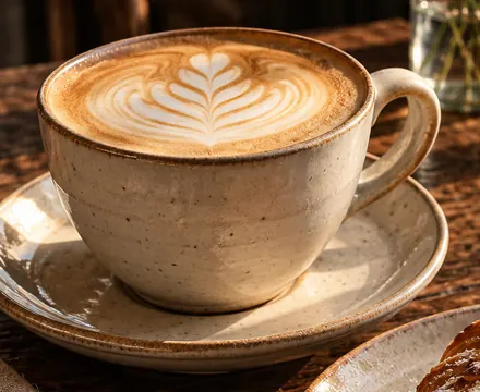 Leaf latte art in a speckled stoneware cup