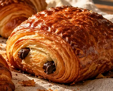 A pain au chocolat, its dark chocolate showing at the end