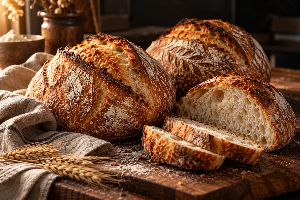 Dark-baked sourdough loaves, one sliced to show an open crumb