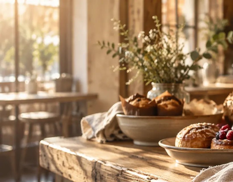 Morning sun through a bakery window, falling on a table of muffins and pastries
